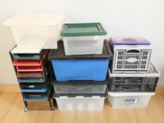 A group of plastic storage boxes, a small trolley with pull out drawers, etc.