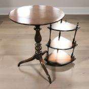 A reproduction mahogany circular tripod table, height 71 cm, together with a three tier whatnot.