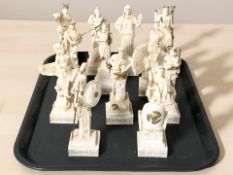 Twelve modern Greek alabaster classical style statuettes.