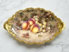 A Royal Worcester oval twin-handled porcelain dish, hand-painted with fruit by Harry Ayrton,