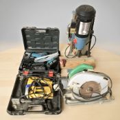 A boxed DeWalt jigsaw, further power tools, a Charmwood hollow chisel, morticer, etc.