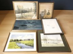 A group of pictures and prints including an oil on canvas still life of vessels on a table,