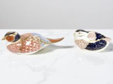 A Royal Crown Derby Pheasant paperweight, silver stopper, and a further Quail, gold stopper,