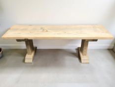 A rustic pine bench, 150 cm x 40 cm x 49 cm.