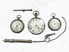 Three silver open face pocket watches,