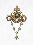An Edwardian 15ct yellow gold pendant set with turquoise and seed pearls, length 45 mm.