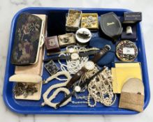 A group of costume jewellery items, wrist watches, table lighter, compacts,