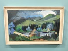 J M Hunter : Woodland in a valley landscape, oil on canvas, 101 cm x 60 cm.