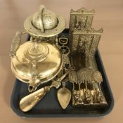 A group of brass ware including globe, large teapot,