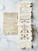 A small unframed William IV sampler by Mary Langher(?), aged 12 years, dated May 1837, 20cm by 13cm,