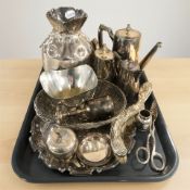 A group of silver plated items, wire basket,