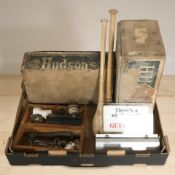 Two pine Hudson's Soap boxes, pair of juggling batons, coins, chains,