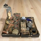 A group of eastern painted and lacquered wares, brass trinket box, coffee grinder, pewter teapot,