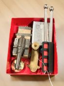Miscellaneous items including a miniature desk cannon, a brass map weight, brass compass,