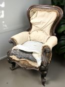 A Victorian carved mahogany salon armchair for re-upholstery, width 75 cm.