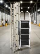 An aluminium triple extension ladder and a step ladder.