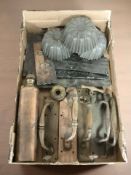 A group of antique metal door pole handles, jelly moulds,