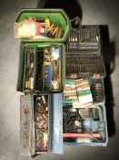 A collection of power tools and hardware to include a Marksman drill, concertina toolboxes,