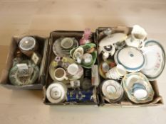 Three boxes of china, ceramics, part tea wares, wooden biscuit barrel,