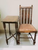 An Edwardian oak barley twist dining chair and a further shaped edge occasional table.