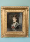 British School (19th Century) : A half length portrait of a seated lady wearing a black silk dress