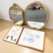Two modern gilt framed mirrors, largest 67 cm wide, and two prints.