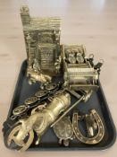 A group of brass ornaments including horse and carriage, Victorian salon bar,