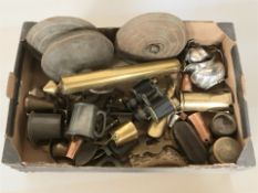 Assorted antique brass and copper wares, pewter tankards, Scrimshaw style resin tusk,