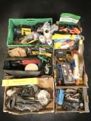 A collection of power tools and hardware to include a Wickes sander, various hand tools, clamps,