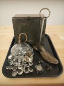 An enameled metal first aid tin, together with a light fitting with crystal droplets,