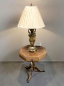 A yew wood octagonal table fitted a drawer, and a contemporary table lamp.
