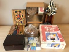 A teak dressing table swing mirror, glass bowl, wooden items, matchbooks, etc.