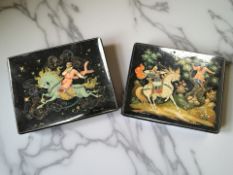 Two Russian/Soviet lacquered trinket boxes, marked 'Made in the USSR', width 12cm.
