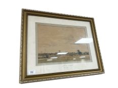 A W Rich : Cattle grazing with town beyond, watercolour, 26 cm x 36 cm.