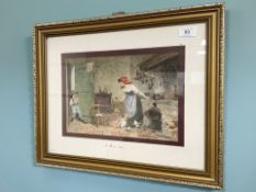 L Mozini (19th Century) : Children with a maid by a fireplace, watercolour, 30 cm x 21 cm.