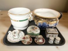 A Herend porcelain cache pot with twin goat's head handles,