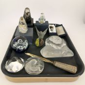 A group of contemporary glass ornaments, decorative letter knife,