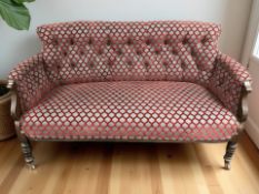 An early 20th century salon settee in contemporary deep buttoned fabric, width 147 cm.