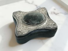 An antique velvet jewellery box/pin cushion, with silver-mounted lid, width 9.