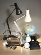 A Roberts radio, angle poised lamps, pair of Bushnell birder binoculars, a globe, etc.