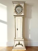 An antique continental painted and gilt long case clock, with pendulum, no weights, height 198 cm.