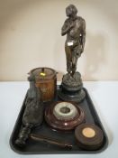 A spelter figure of a farm worker on socle plinth, together with a wooden biscuit barrel, barometer,