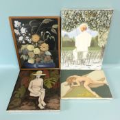 20th Century School : Nude figure seated in a garden, oil on canvas, 41 cm x 41 cm,