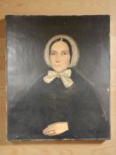 19th century British school : Portrait of a seated lady in a black buttoned coat with white head