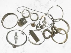 A group of white metal jewellery items including 'LOVE' ingot, bangles, bracelets, pendants etc,