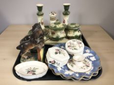 A Victorian transfer printed dressing table set, a pair of ceramic bookends in the form of horses,