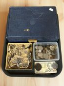 A jewellery box marked 'Rolex', various British coins including a 1797 cartwheel twopence piece,