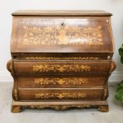 A 19th century Dutch walnut and satin wood marquetry inlaid bombé bureau,