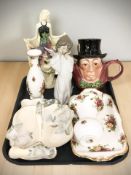 Four pieces of Royal Albert Old Country Roses porcelain, an Old Tupton Ware figure of a lady,