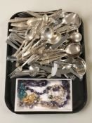 A large quantity of Elkington EPNS cutlery, amethyst and turquoise costume necklaces, a gilt brooch,